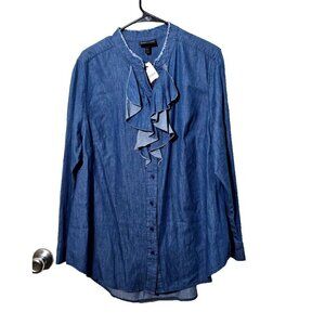 Lane Bryant Top 14/16 Chambray Button Up Ruffle Raw Hem Long Sleeve Whip Stitch